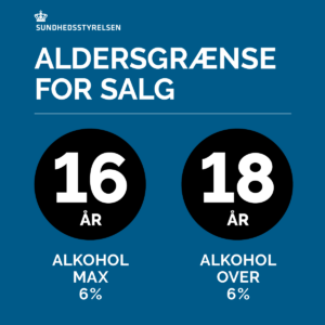 Sundhedsstyrelsen: Aldersgrænse for salg – 16 år: alkohol max 6 %. 18 år: alkohol over 6 %.